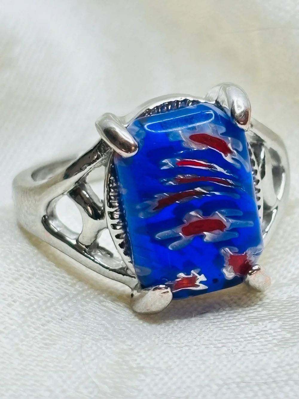 Millefiori Art Glass Blue and Red Ring Size 7.75